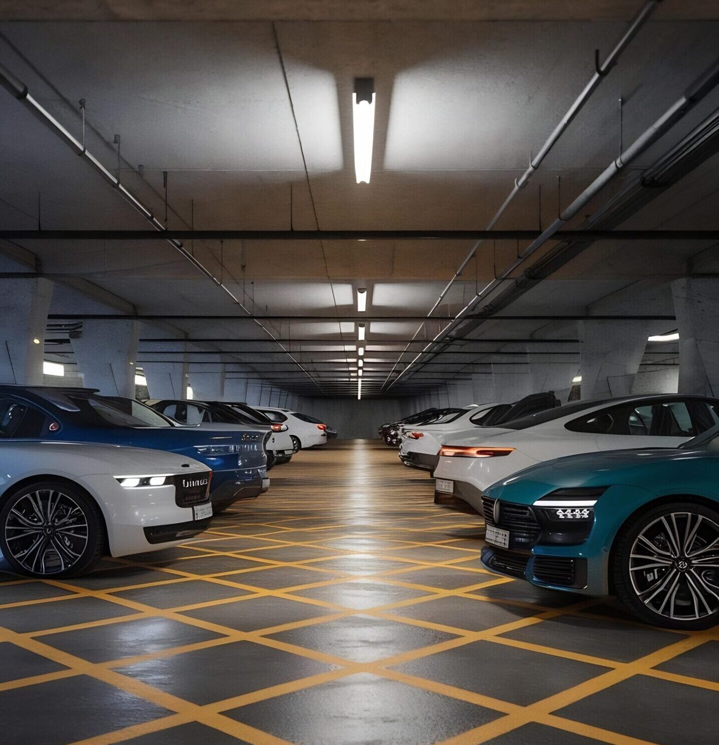 Underground parking lot with modern cars